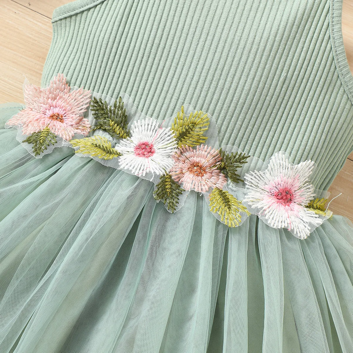Toddler Girl Sweet Floral Decor Ribbed Panel Mesh Overlay Fairy Dress Green big image 1