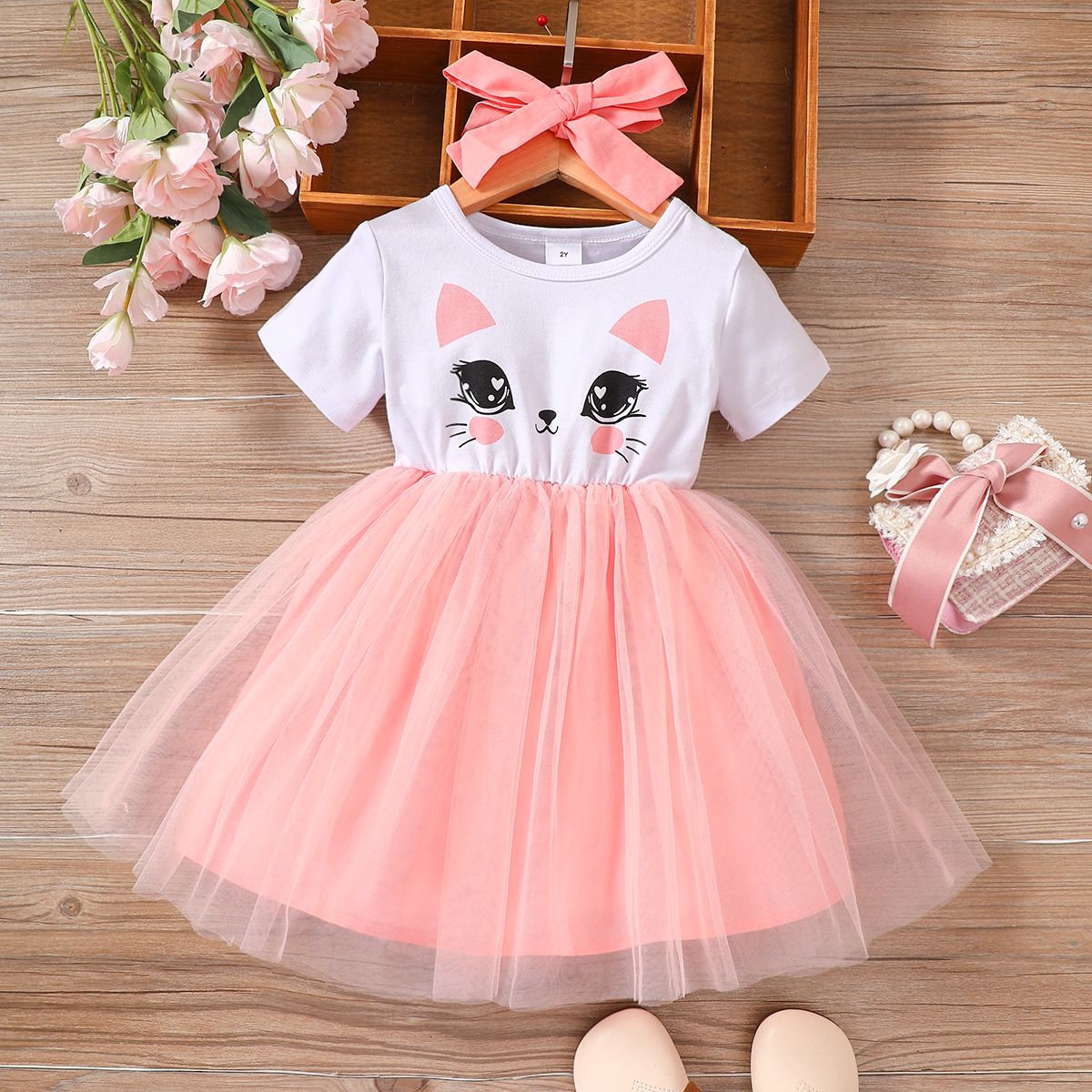 

Toddler Girl Sweet Cat Print Mesh Overlay Short-sleeve Fairy Dress