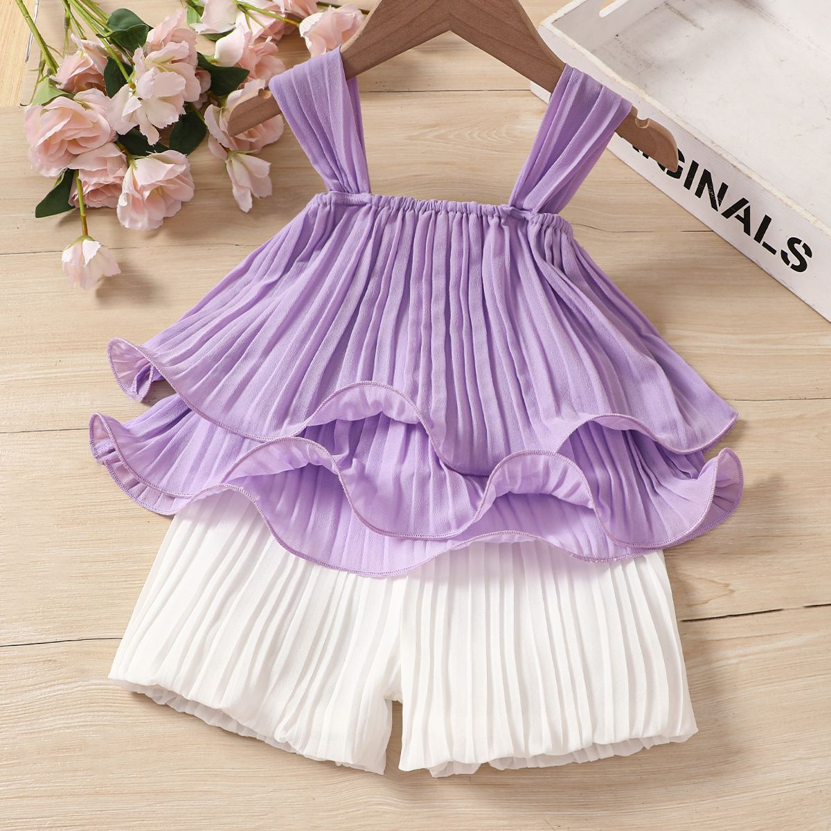 2pcs Toddler Girl Elegant Pleated Camisole And Shorts Set