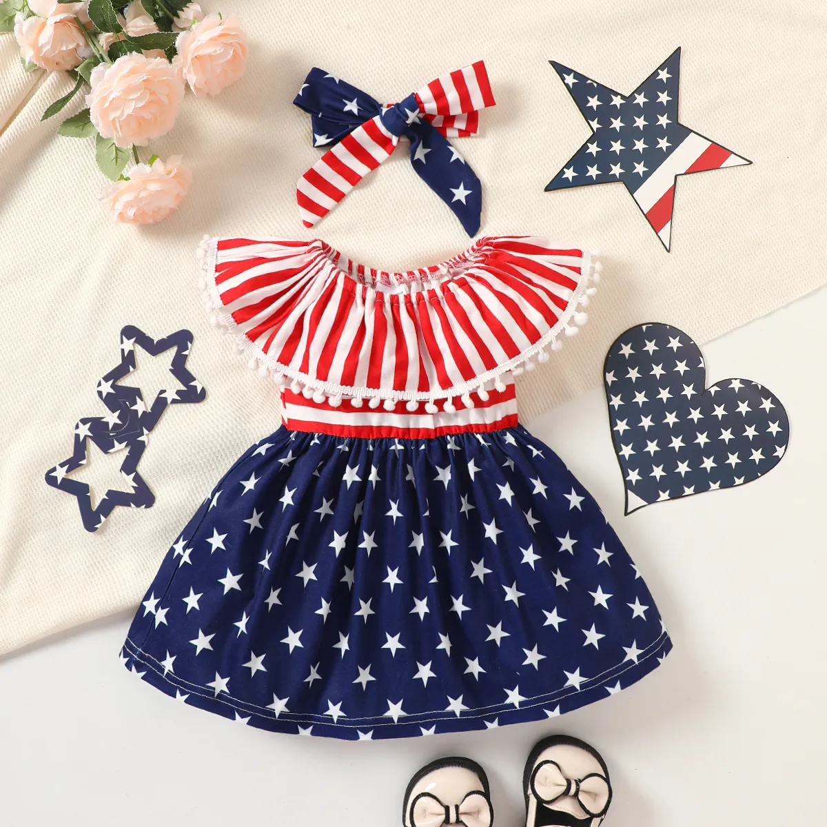 Independence Day 2pcs Baby Girl Pom Poms Stripe & Star Spliced Ruffled Tank Dress & Headband Set  big image 1
