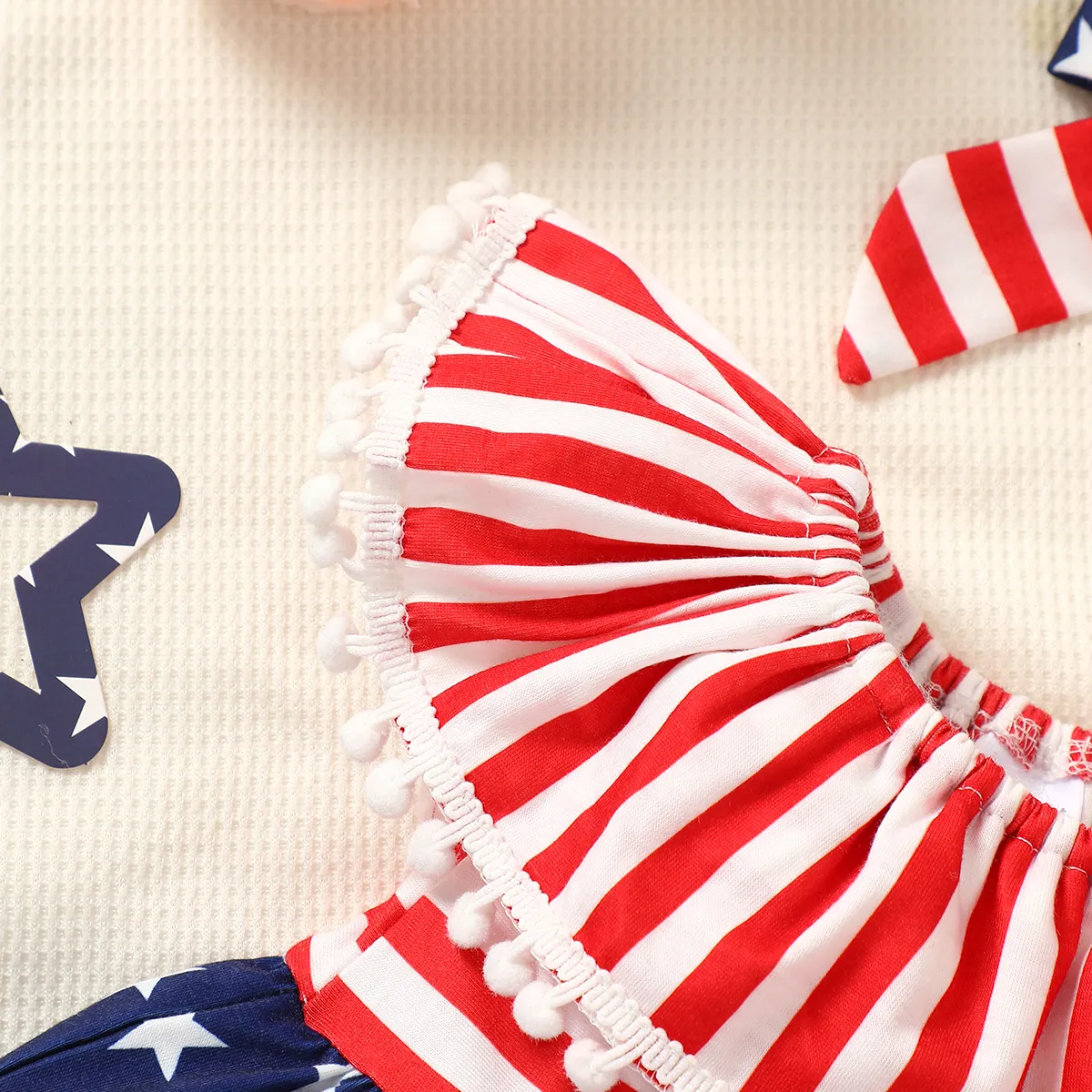 Independence Day 2pcs Baby Girl Pom Poms Stripe & Star Spliced Ruffled Tank Dress & Headband Set  image 3