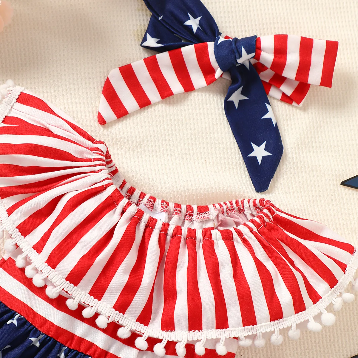 Independence Day 2pcs Baby Girl Pom Poms Stripe & Star Spliced Ruffled Tank Dress & Headband Set  image 4