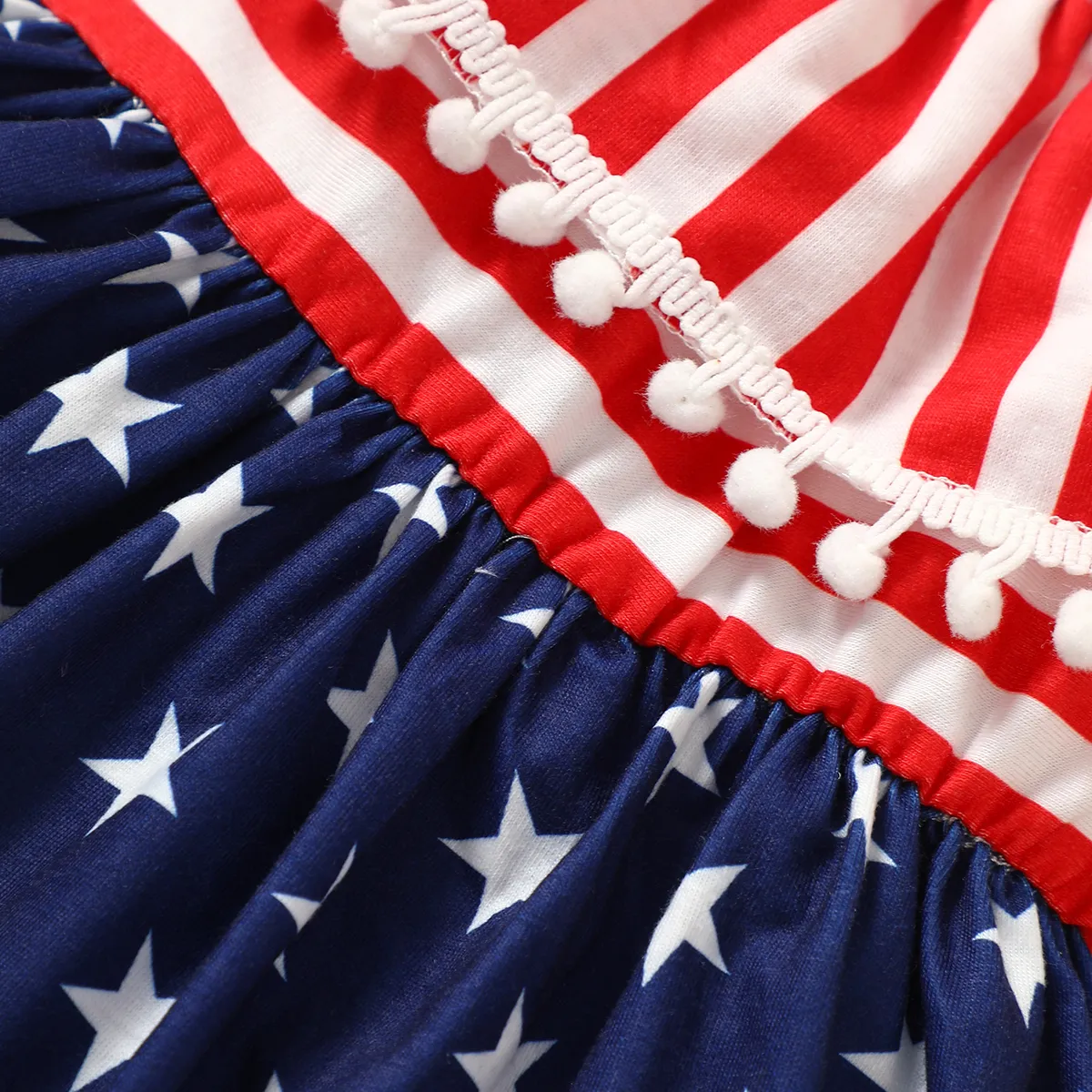 Independence Day 2pcs Baby Girl Pom Poms Stripe & Star Spliced Ruffled Tank Dress & Headband Set  image 5
