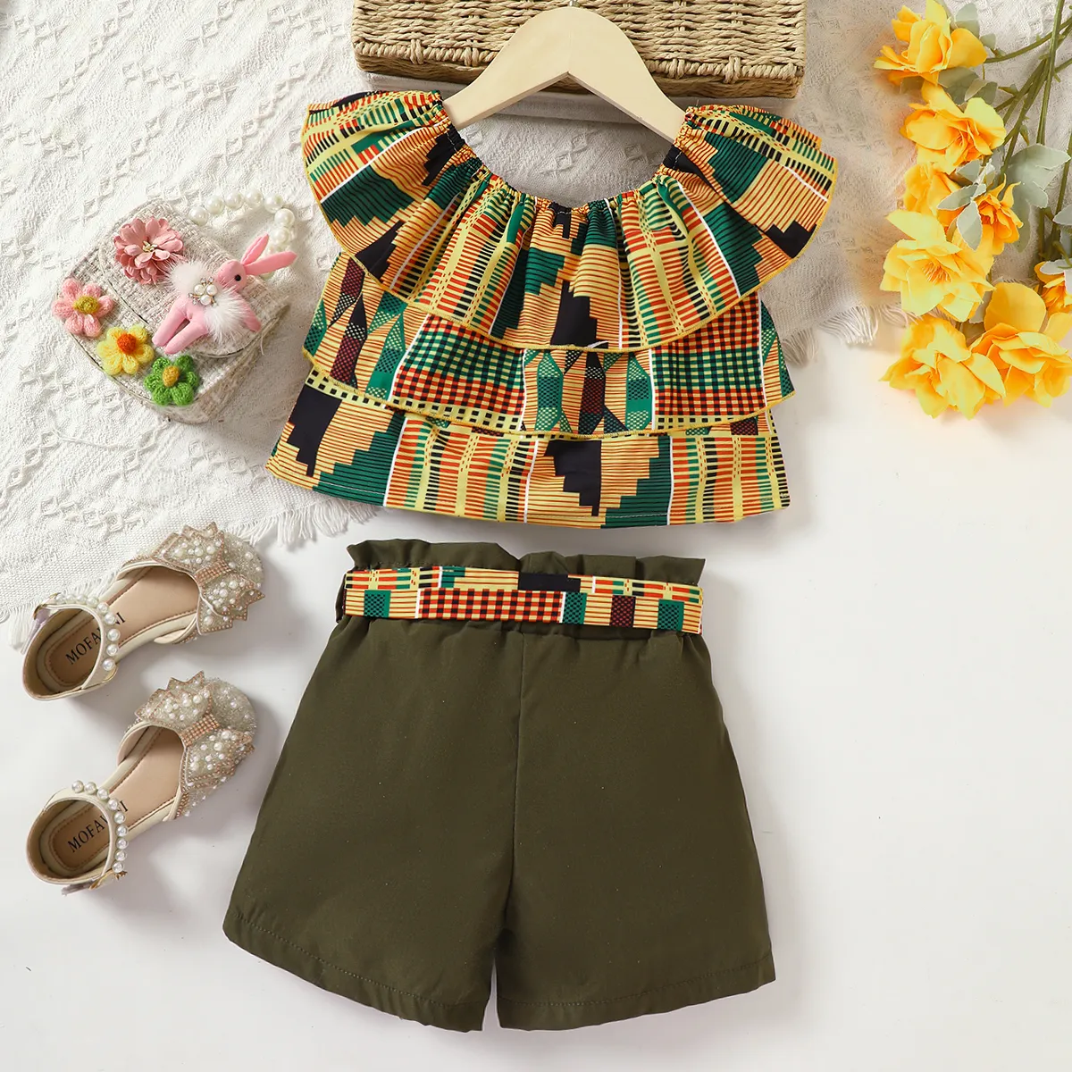 2pcs Toddler Girl Boho Ruffled Tank Top and Belted Shorts Set KHAKI- image 2