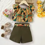 2pcs Toddler Girl Boho Ruffled Tank Top and Belted Shorts Set  image 2
