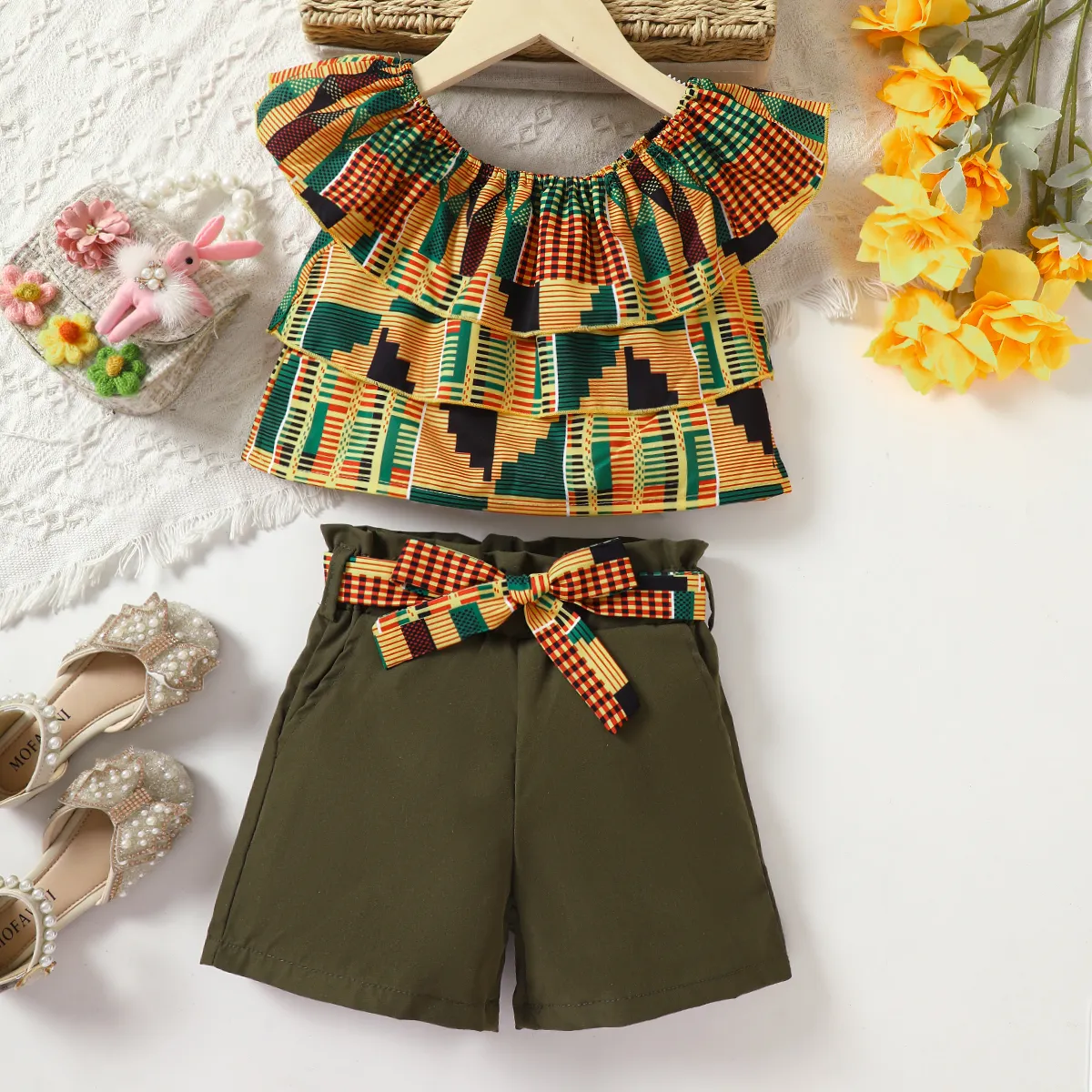 2pcs Toddler Girl Boho Ruffled Tank Top and Belted Shorts Set KHAKI- big image 1