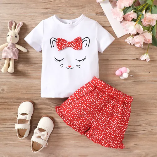 2pcs Toddler Girl Playful Bow Decor Cat Print Tee and Dots Pattern Shorts Set