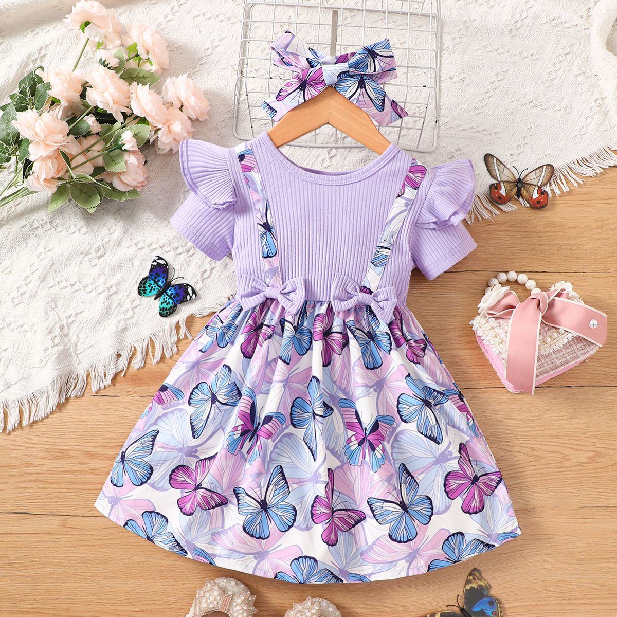 

2pcs Toddler Girl Butterfly Print Combo Ribbed Dress & Headband Set
