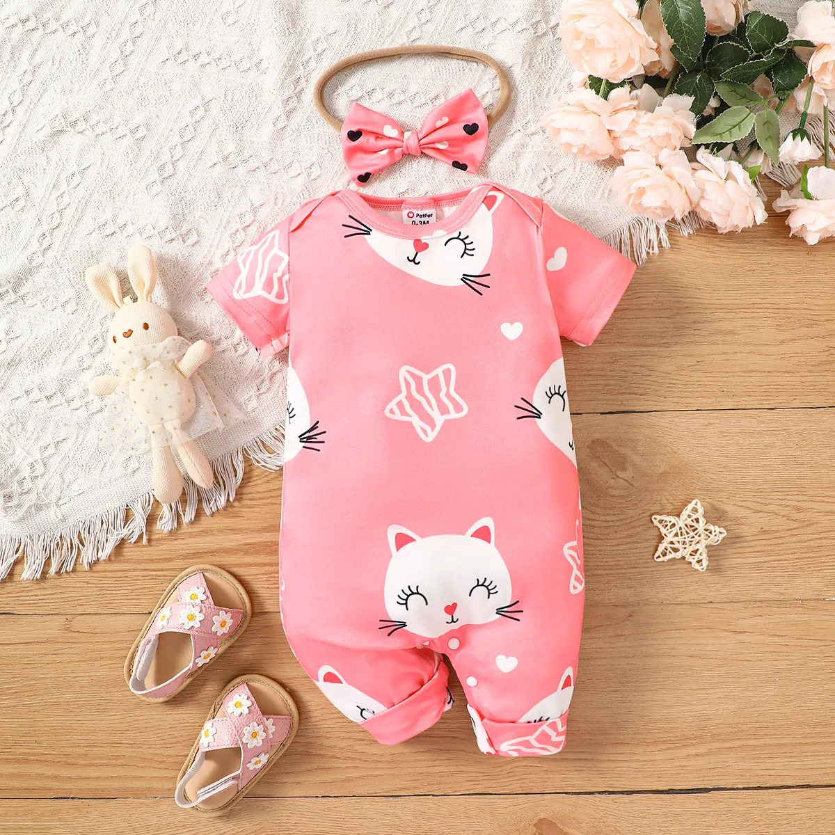 2pcs Baby Girl Allover Cat Pattern Short-sleeve Jumpsuit and Headband Set big image 1