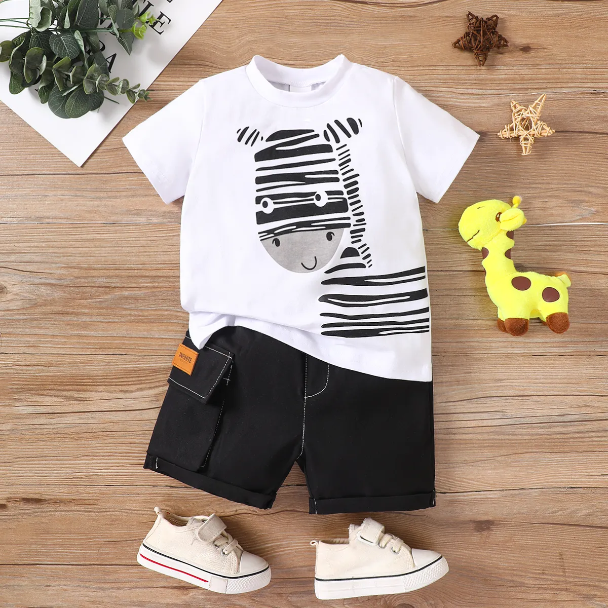 2pcs Toddler Boy Zebra Print Short-sleeve Tee and Cargo Shorts Set BlackandWhite big image 1