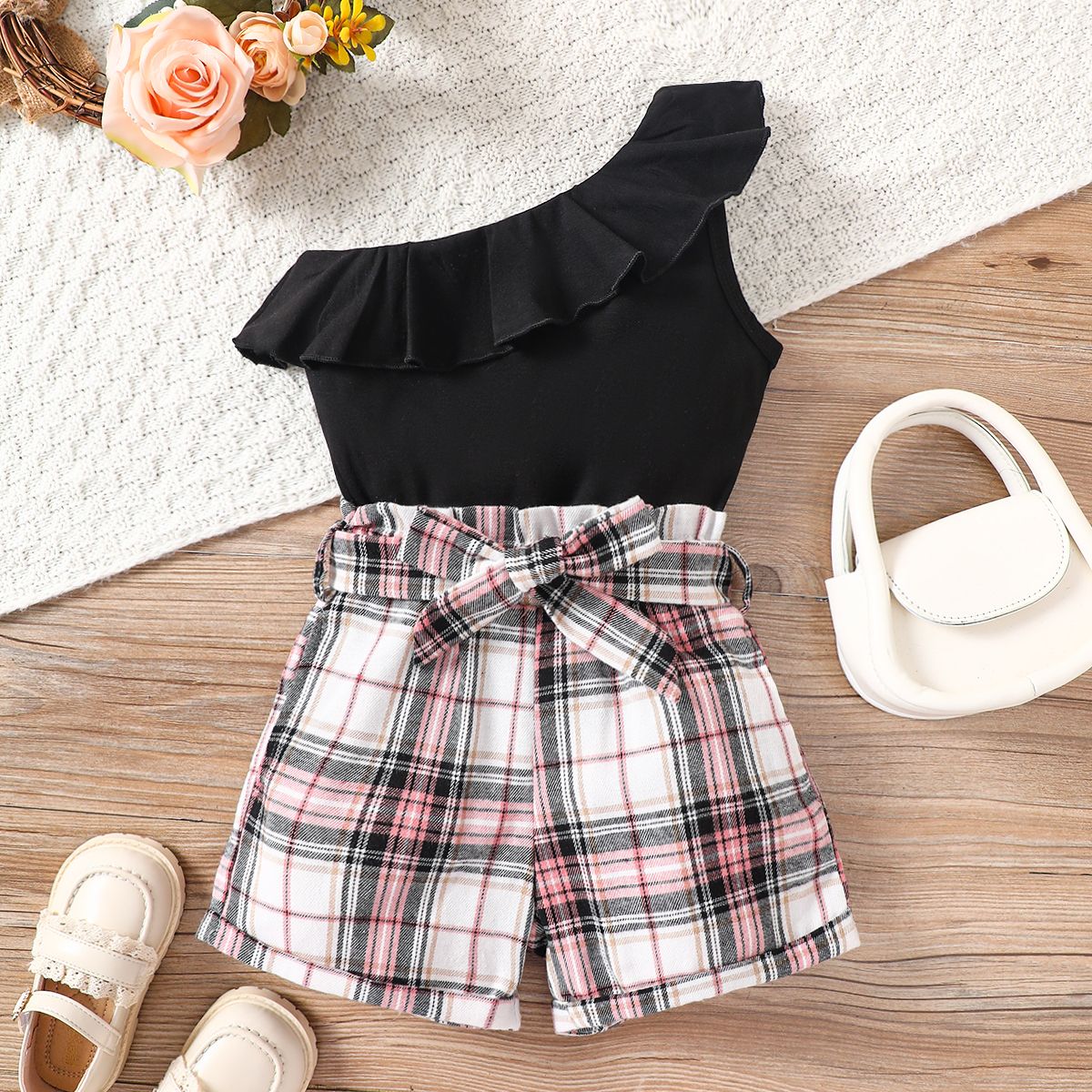 

2pcs Toddler Girl Ruffled One-Shoulder Tank Top and Plaid Belted Shorts Set