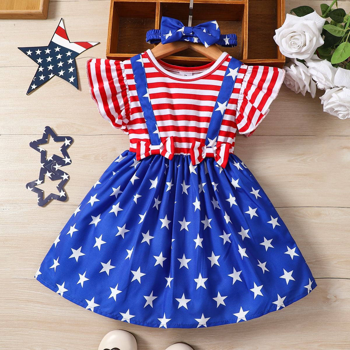 Independence Day 2pcs Toddler Girl Ruffle-sleeve Dress & Headband Set
