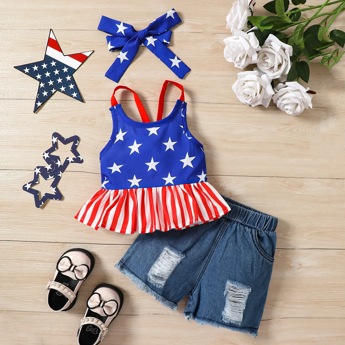Independence Day 3pcs Toddler Girl Bow Headband & Camisole & Ripped Denim Shorts Set