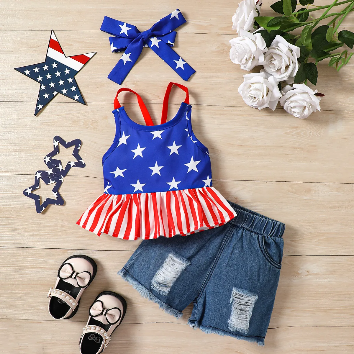 Independence Day 3pcs Toddler Girl Bow Headband & Camisole & Ripped Denim Shorts Set Color block big image 1