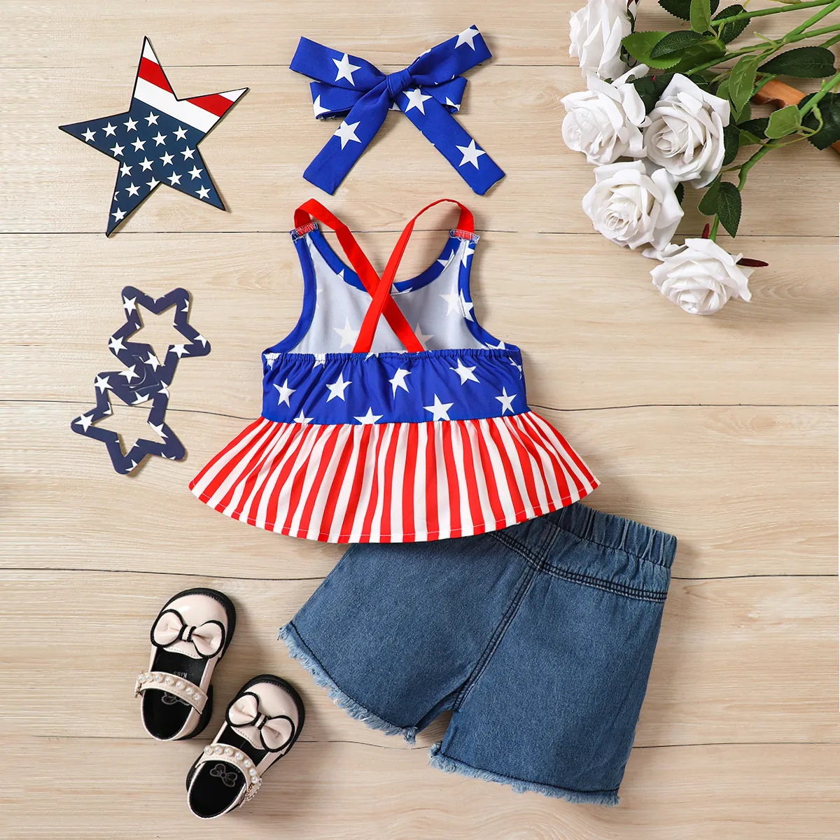 Independence Day 3pcs Toddler Girl Bow Headband & Camisole & Ripped Denim Shorts Set Color block image 2