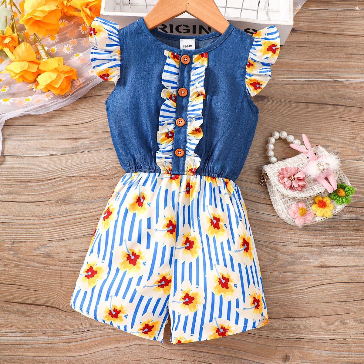 Toddler Girl Sweet Floral & Stripe Print Flutter-sleeve Romper