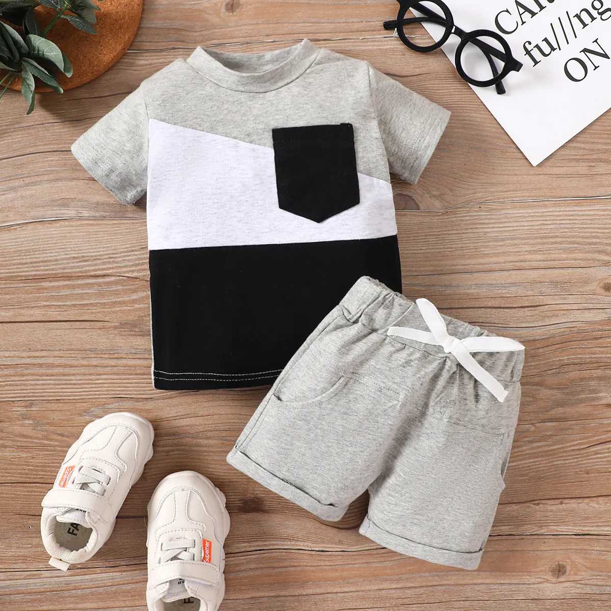 2pcs Baby Boy 95% Cotton Pocket Short-sleeve Tee and Elasticized Shorts Set Grey big image 1