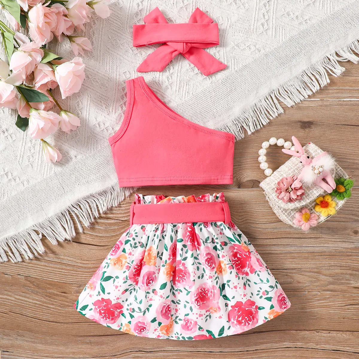 3pcs Baby Girl 95% Cotton One-Shoulder Top & Rose Print Belted Skirt & Bow Headband Set Dark Pink image 2