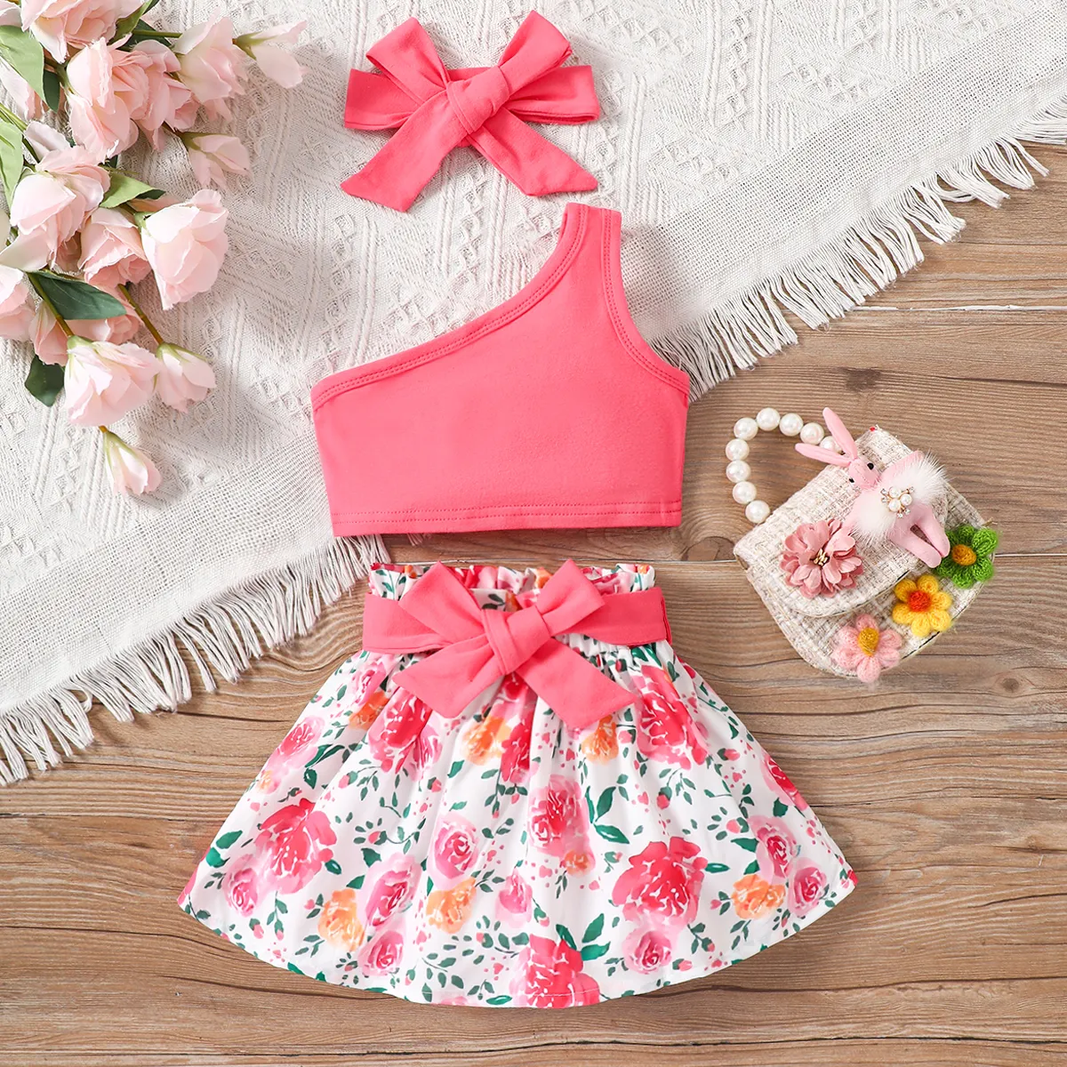 3pcs Baby Girl 95% Cotton One-Shoulder Top & Rose Print Belted Skirt & Bow Headband Set Dark Pink big image 1