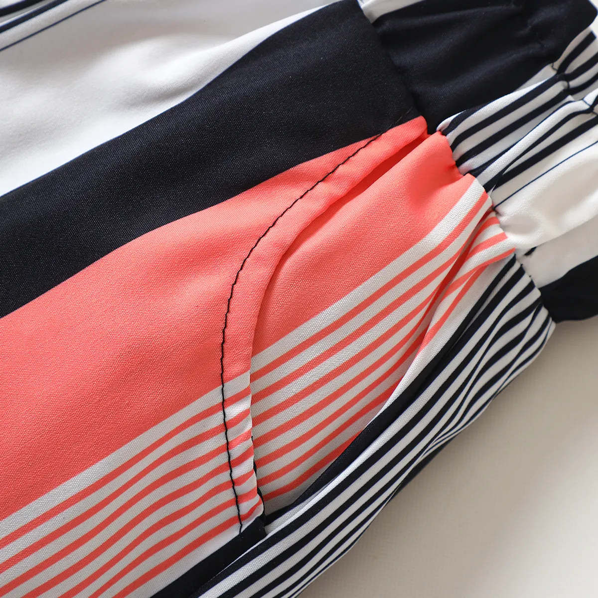 2pcs Toddler Girl Cold Shoulder Rib-knit Cami Top and Colorblock Striped Shorts Set Black image 5