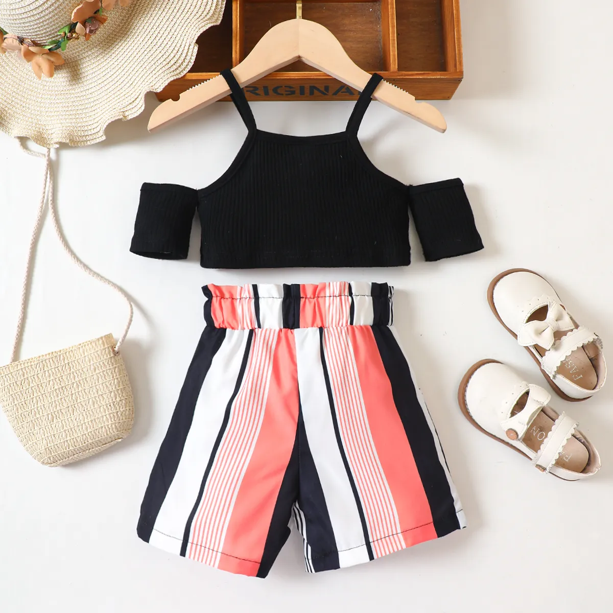2pcs Toddler Girl Cold Shoulder Rib-knit Cami Top and Colorblock Striped Shorts Set Black image 2