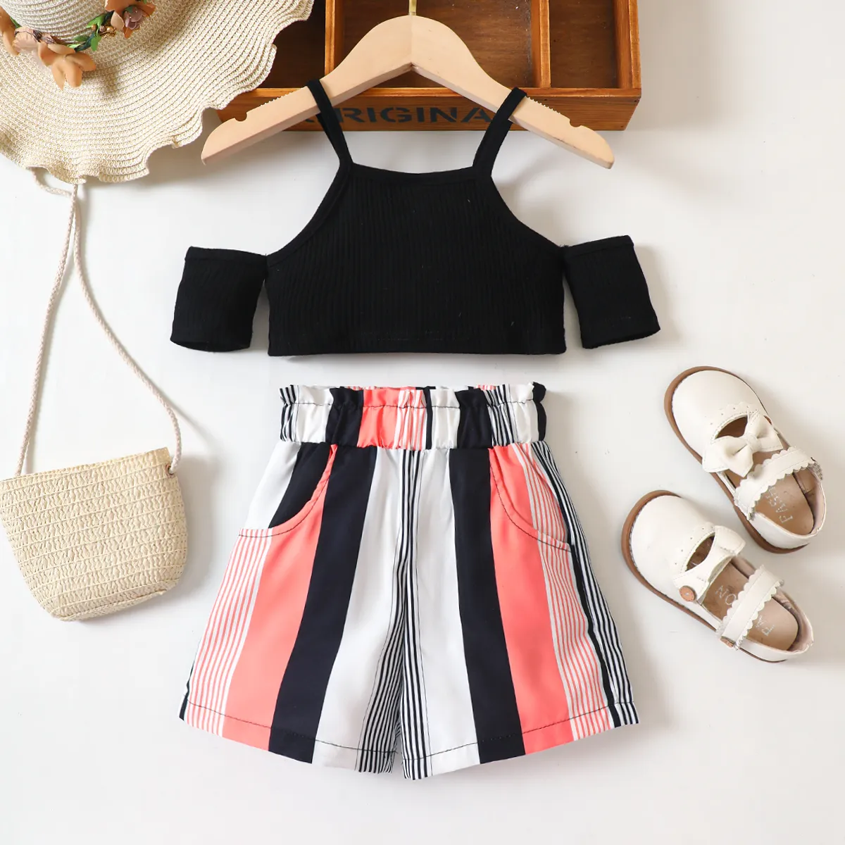 2pcs Toddler Girl Cold Shoulder Rib-knit Cami Top and Colorblock Striped Shorts Set Black big image 1