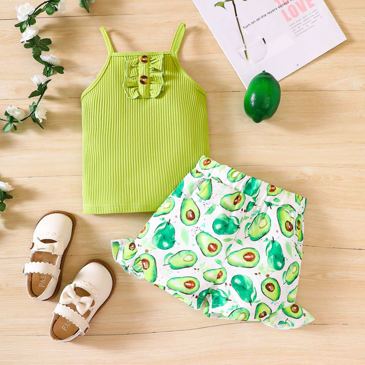 2pcs Toddler Girl Front Buttons Ribbed Ruffle Slip Top And Allover Avocado Print Shorts Set
