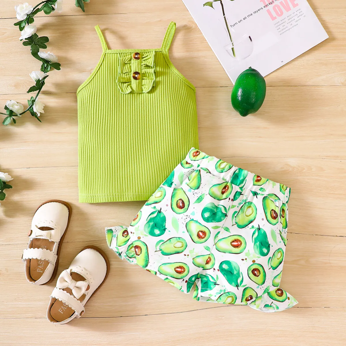 2pcs Toddler Girl Front Buttons Ribbed Ruffle Slip Top and Allover Avocado Print Shorts Set Green big image 1