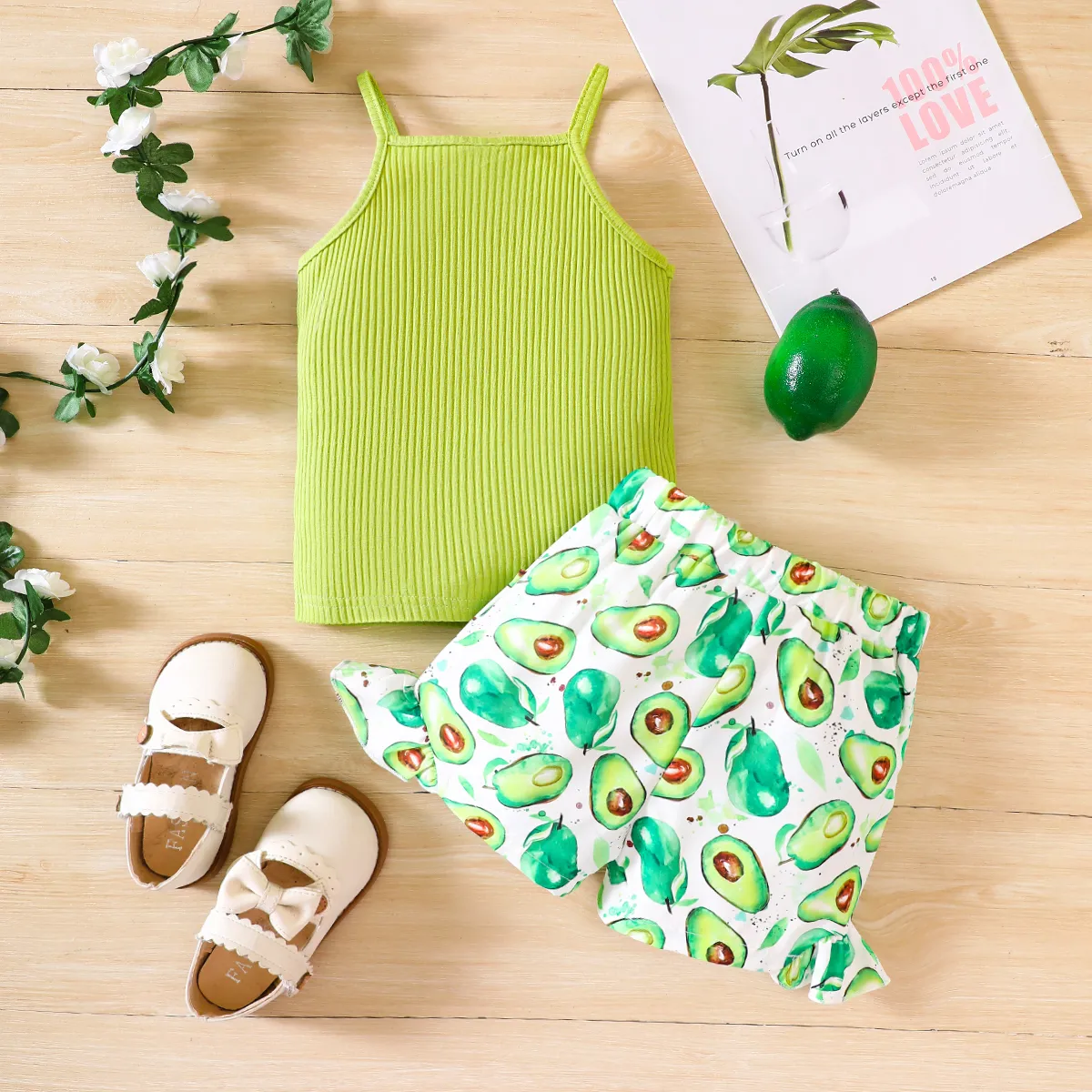 2pcs Toddler Girl Front Buttons Ribbed Ruffle Slip Top and Allover Avocado Print Shorts Set Green image 2