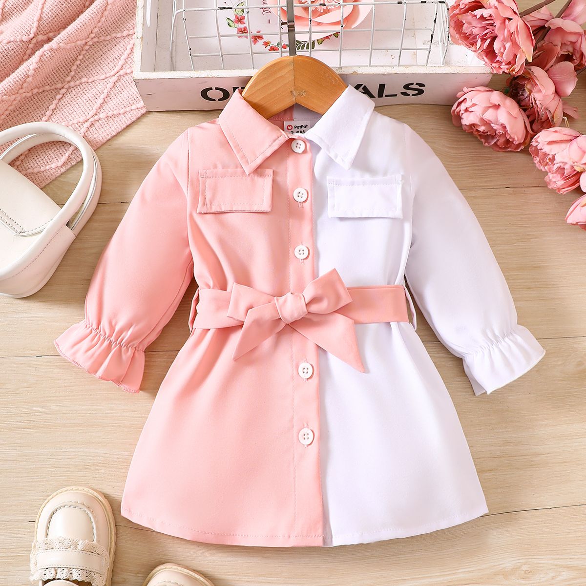 

Baby Girl Two Tone Belted Long-sleeve Shirt Dress