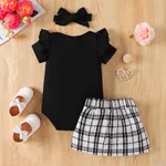 3pcs Baby Girl Black Ribbed Short-sleeve Romper and Tweed Skirt with Headband Set  image 2