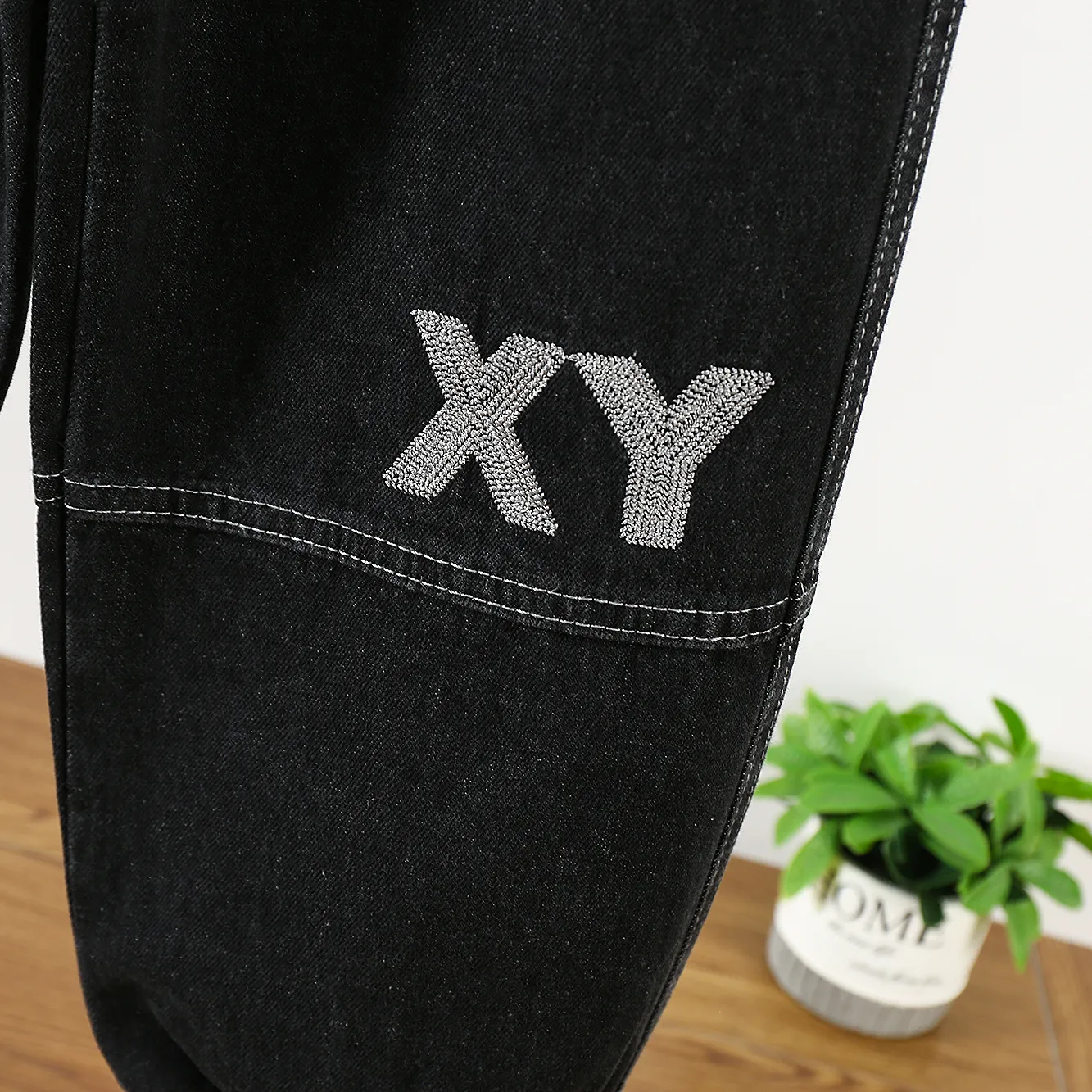 Kid Boy Letter Embroidered Cotton Jeans Black image 3