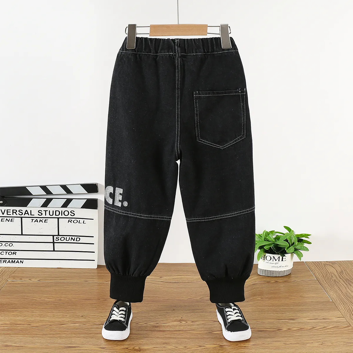 Kid Boy Letter Embroidered Cotton Jeans Black image 2