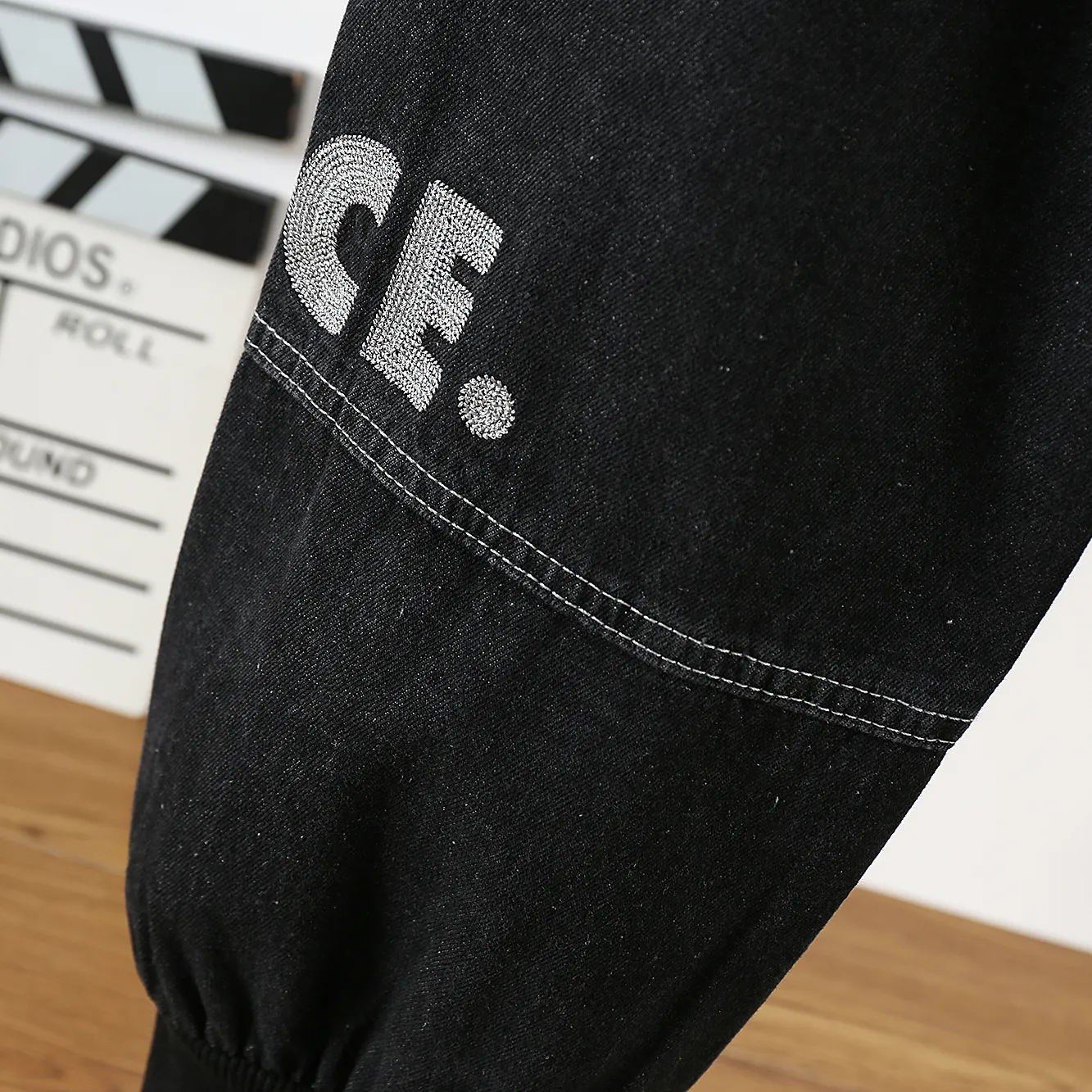 Kid Boy Letter Embroidered Cotton Jeans Black image 5