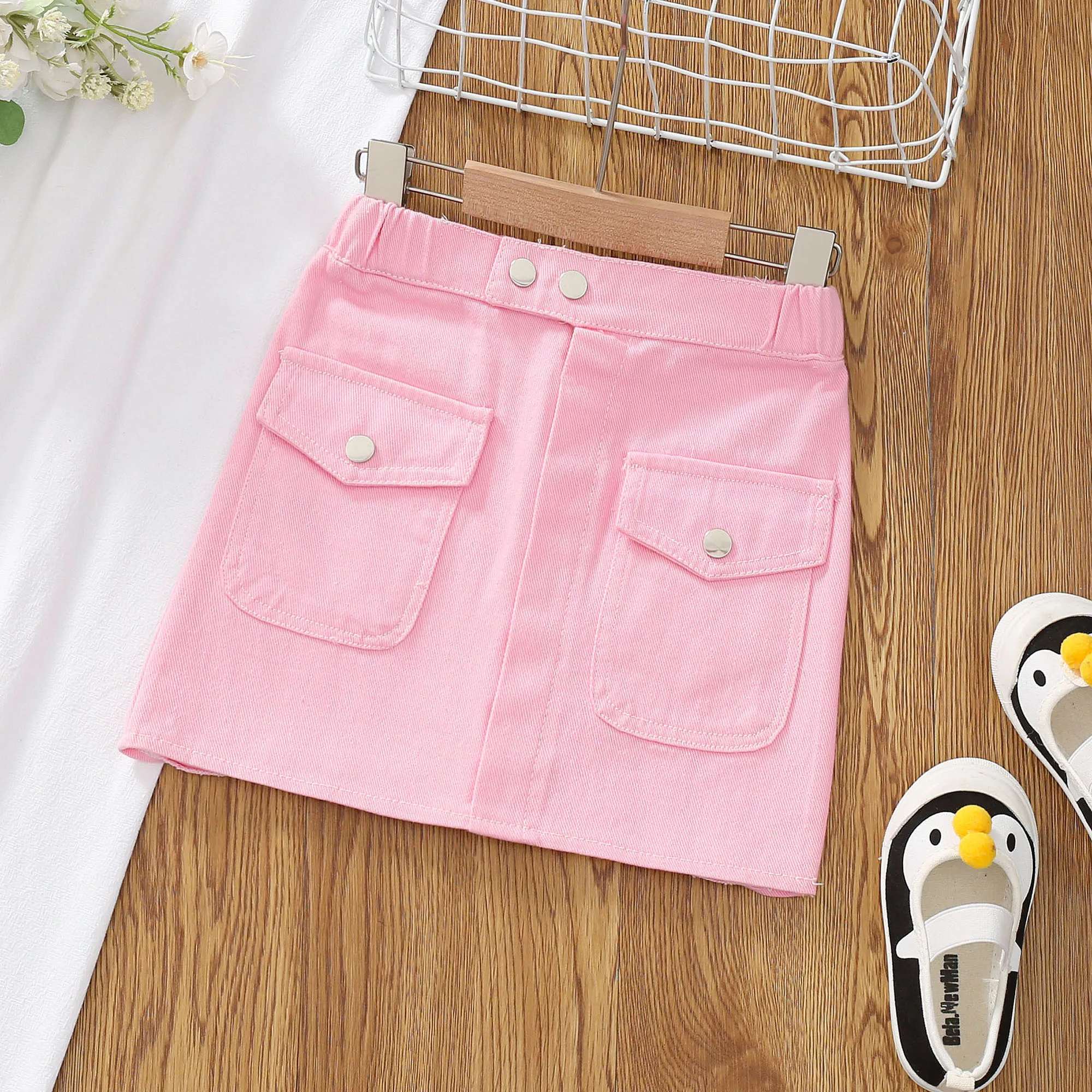 Kid Girl 100% Cotton Flap Pocket Solid Skirt Pink