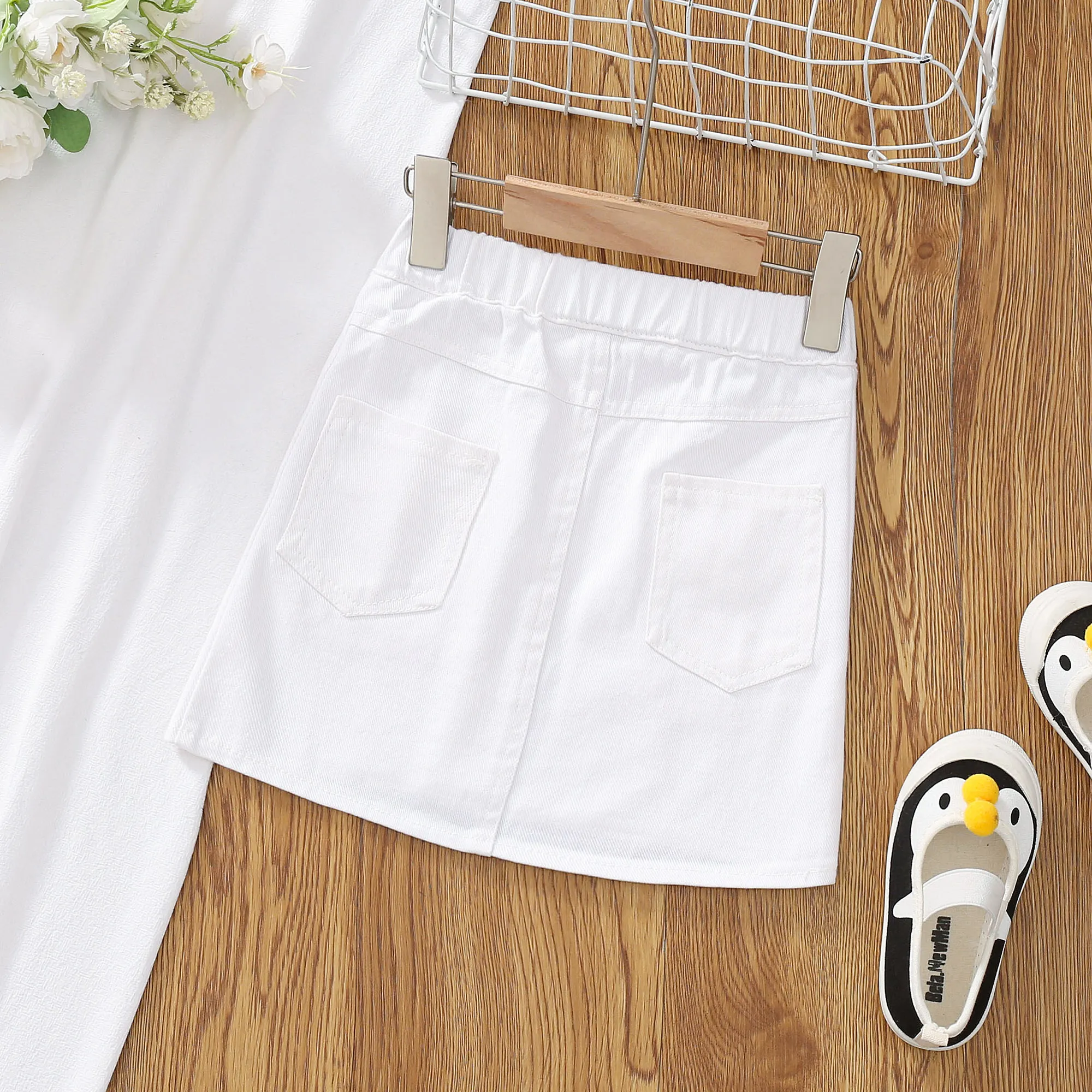 Kid Girl 100% Cotton Flap Pocket Solid Skirt White image 3