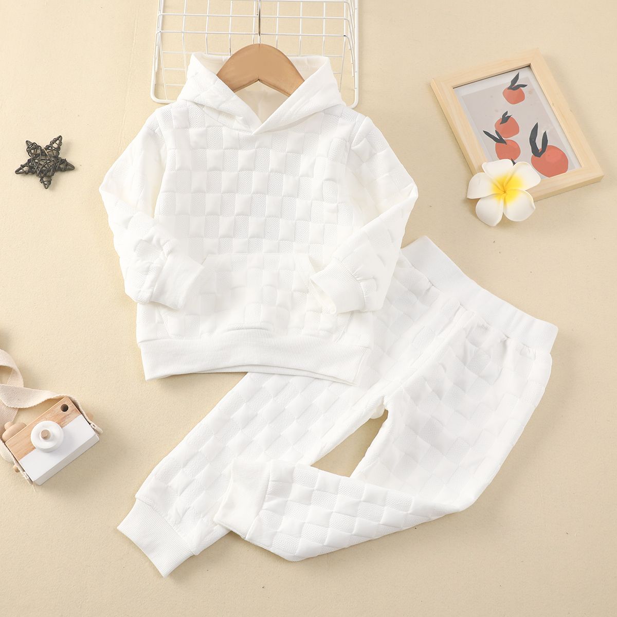 

2-piece Toddler Girl/Boy Textured Solid Color Hoodie Sweatshirt and Pants Casual Set