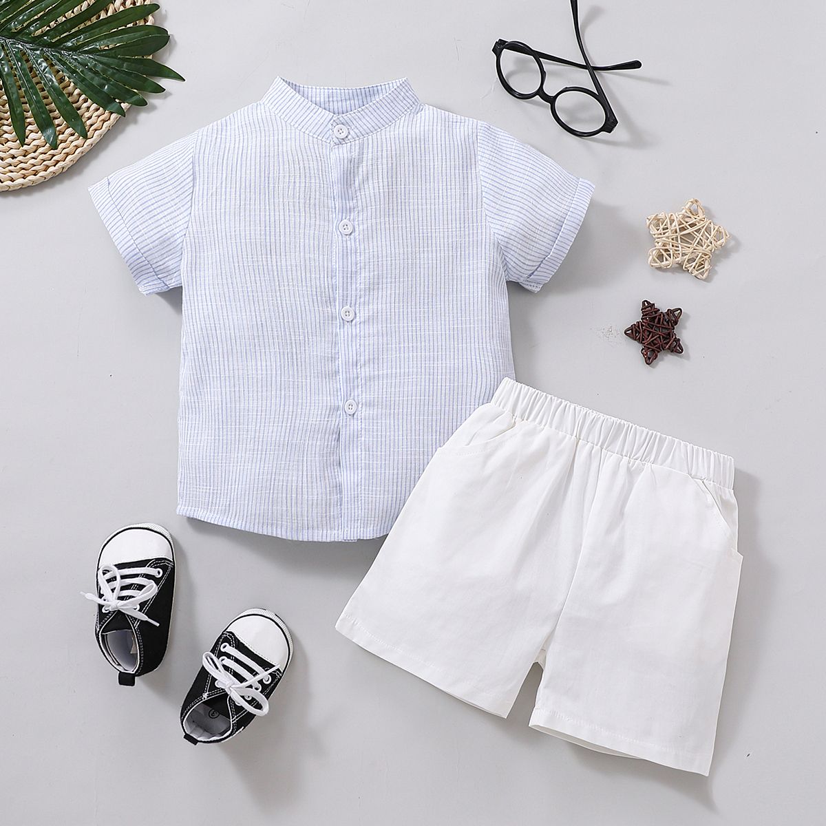 

Refreshing As Soda Toddler Boy 2pcs 100% Cotton Striped Stand Collar Short-sleeve Blue Shirt Top and Solid White Shorts Set