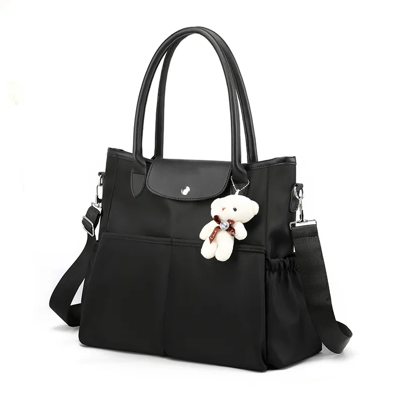 Diaper Bag Tote Mom Bag Large Capacity Multifunction Handbag with Adjustable Shoulder Strap & Bear Decor Bag Charm Black image 2