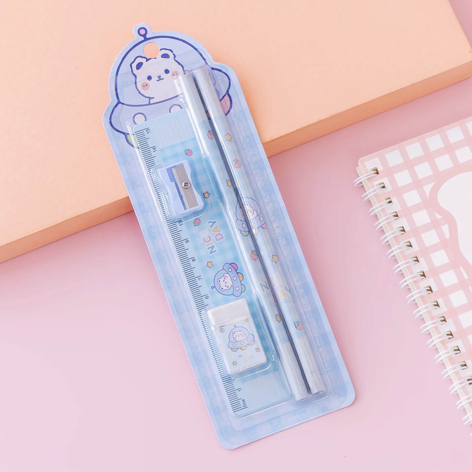 5-pack Pencil Stationery Set with Ruler Eraser Pencil Sharpener School Gift Stationery Set Student Stationery Supplies Light Blue