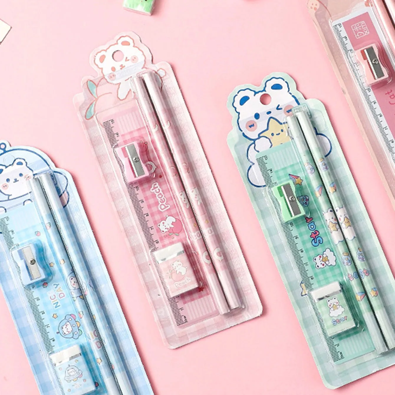 5-pack Pencil Stationery Set with Ruler Eraser Pencil Sharpener School Gift Stationery Set Student Stationery Supplies Light Pink image 5
