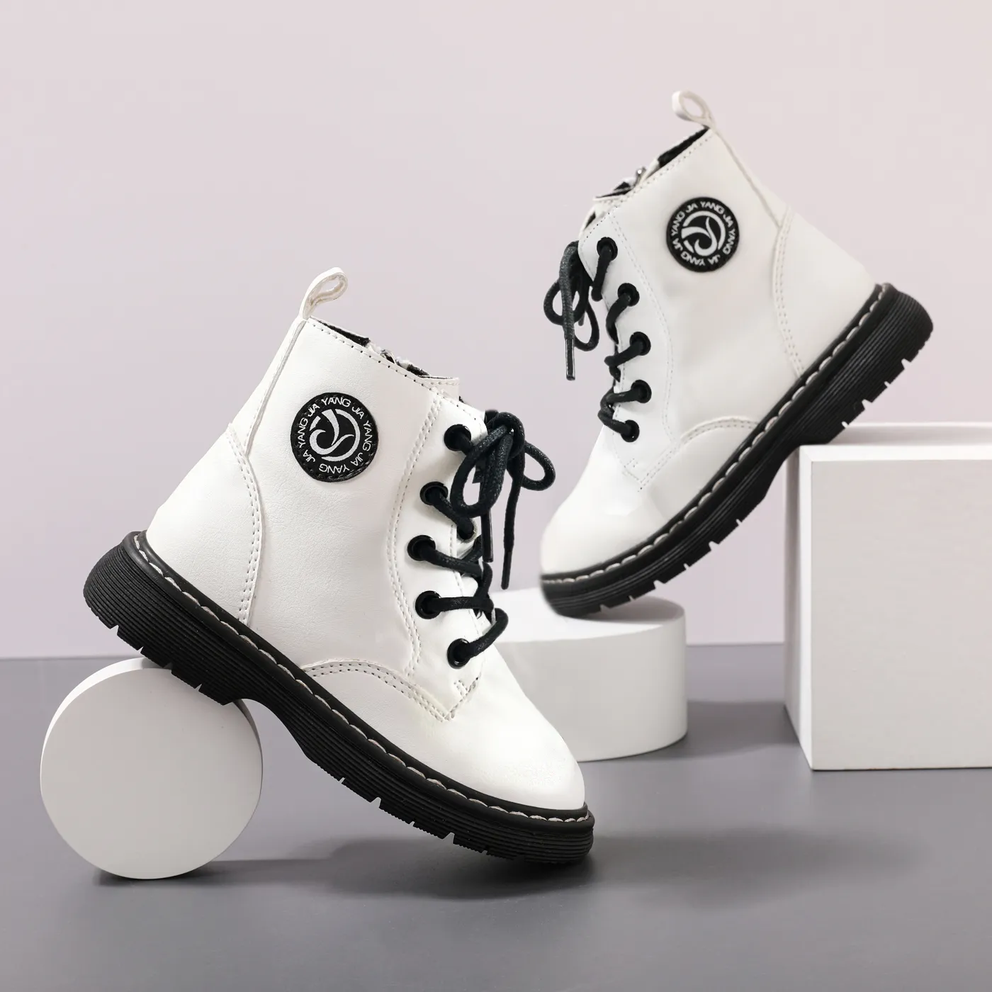 Toddler / Kid Letter Pattern Lace Up Boots Beige big image 1