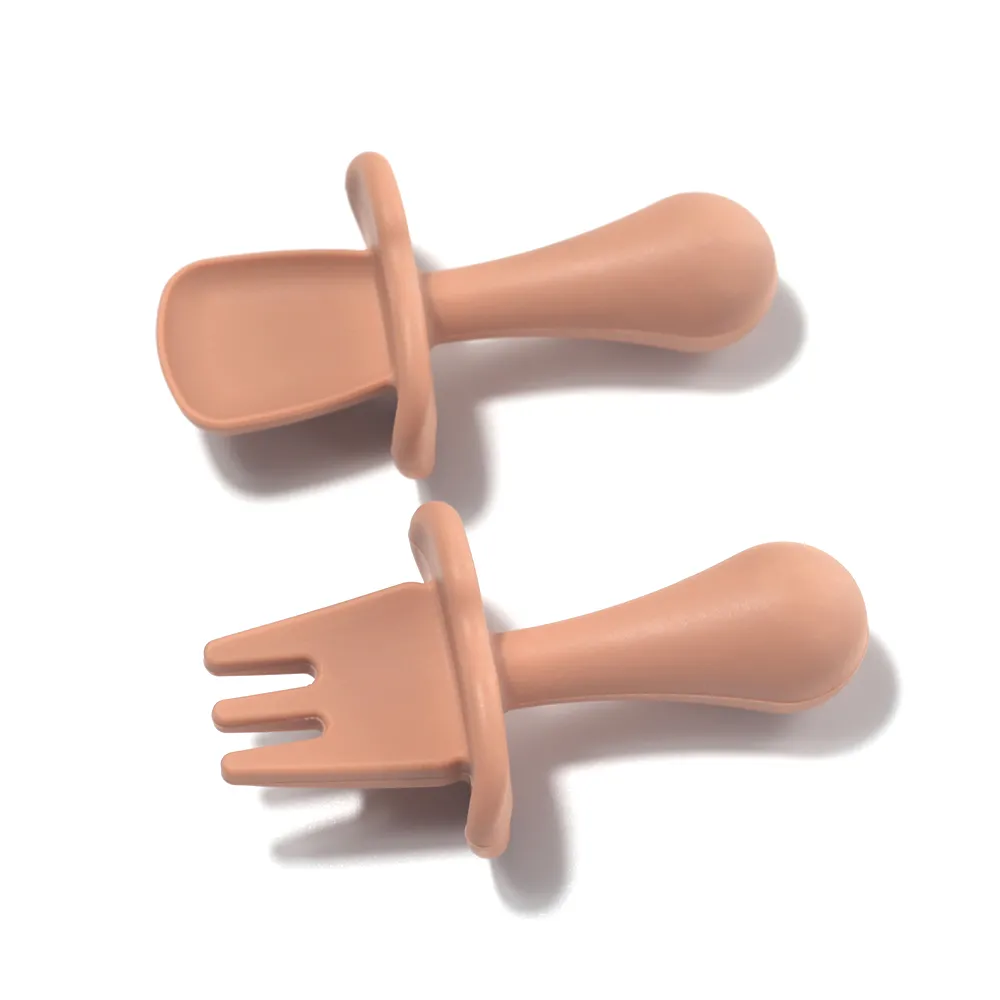 Silicone Baby Feeding Set Includes Spoons & Forks Infant Newborn Utensil Set for Self-Training Brick red