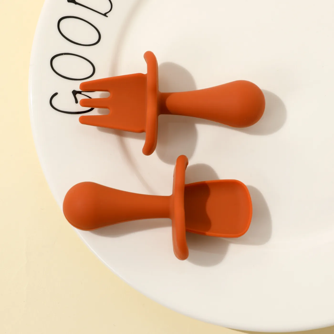 Silicone Baby Feeding Set Includes Spoons & Forks Infant Newborn Utensil Set for Self-Training Cameo brown