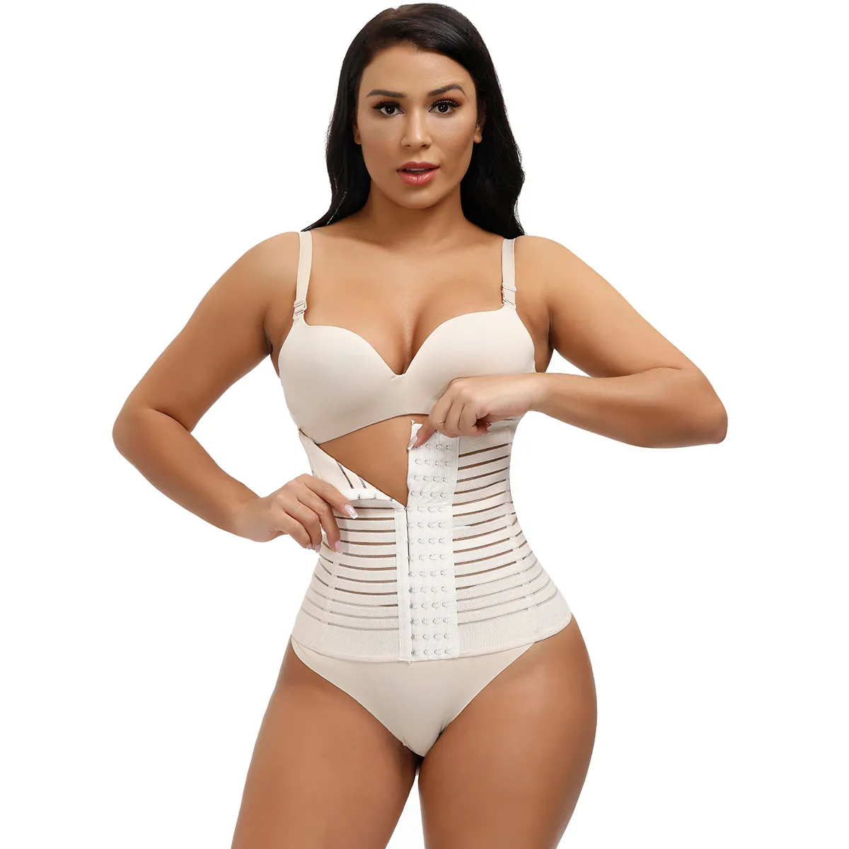 Women Waist Trainer Belly Belt 15 Hook 4 Row Thin Breathable Waist Cincher Body Shapewear Girdle White