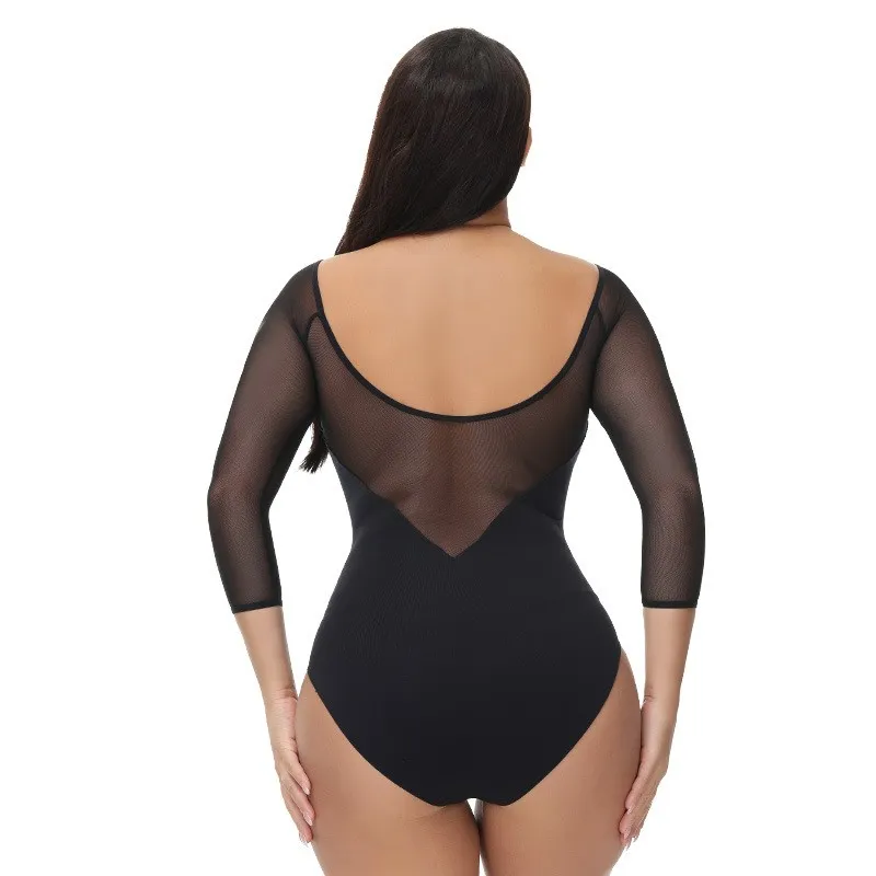 Breathable Black Long-Sleeve Bodysuit With Mesh Elasticity For Body Shaping