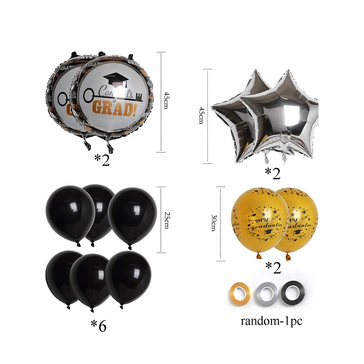 13-pack Graduation Balloons Party Decoration Black Gold Silver Foil Balloons for Graduation Theme Pa