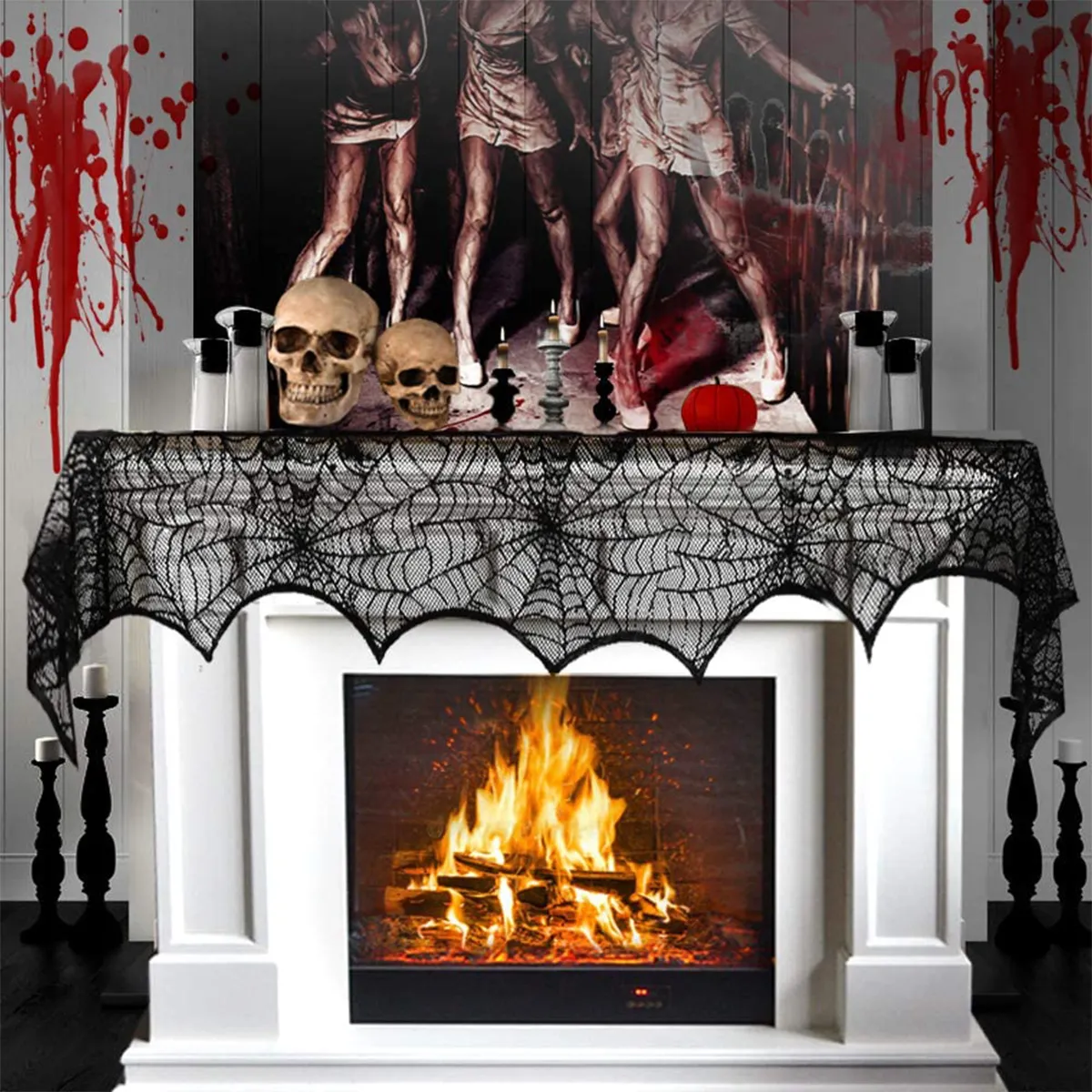 1-pack/3-pack Halloween Cobweb Decorations Spider Web Fireplace Mantel Scarf & Round Table Cover & Tablecloth for Halloween Party Decor Black big image 1