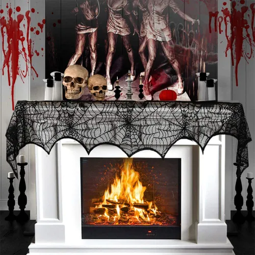 1-pack/3-pack Halloween Cobweb Decorations Spider Web Fireplace Mantel Scarf & Round Table Cover & Tablecloth for Halloween Party Decor