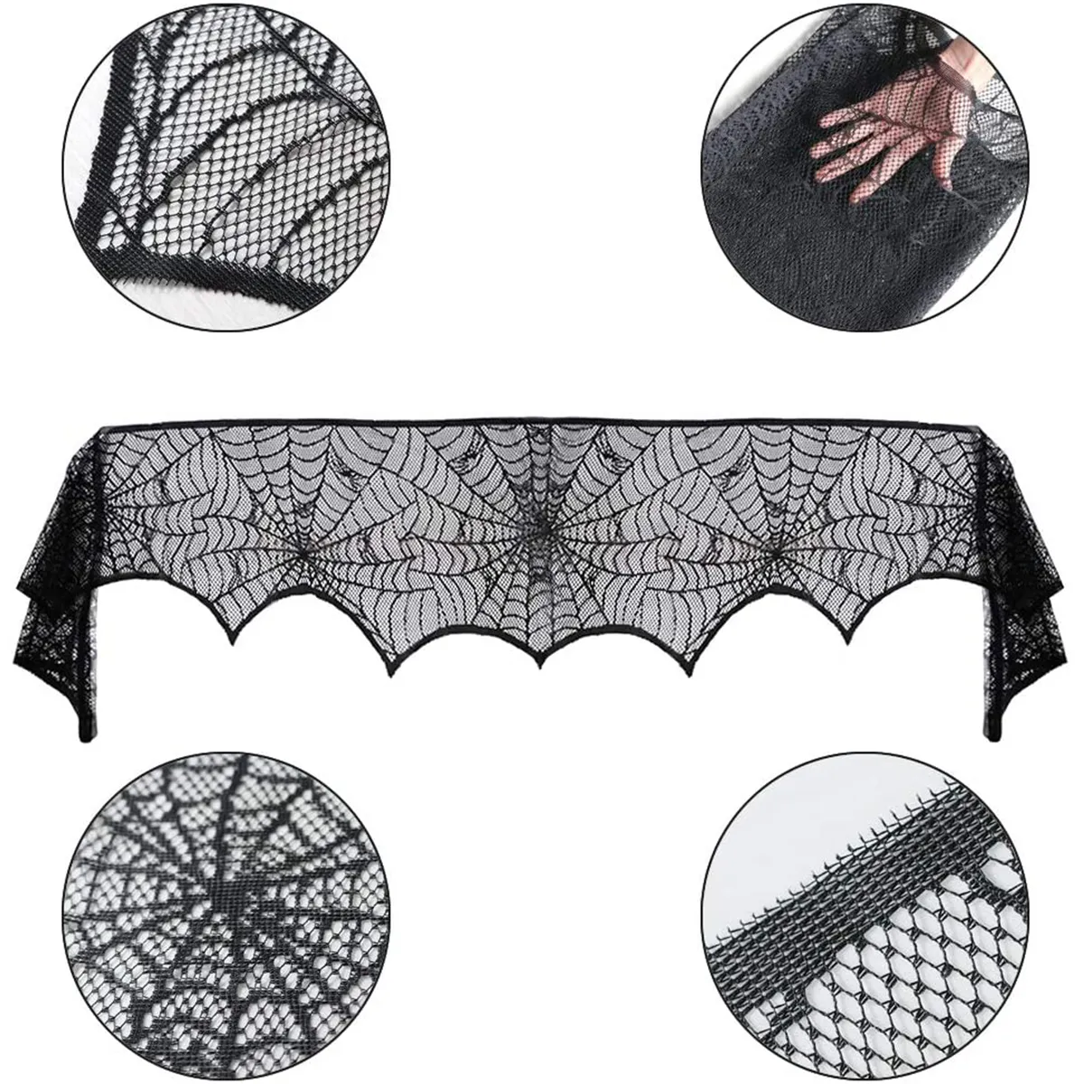 1-pack/3-pack Halloween Cobweb Decorations Spider Web Fireplace Mantel Scarf & Round Table Cover & Tablecloth for Halloween Party Decor Black image 5